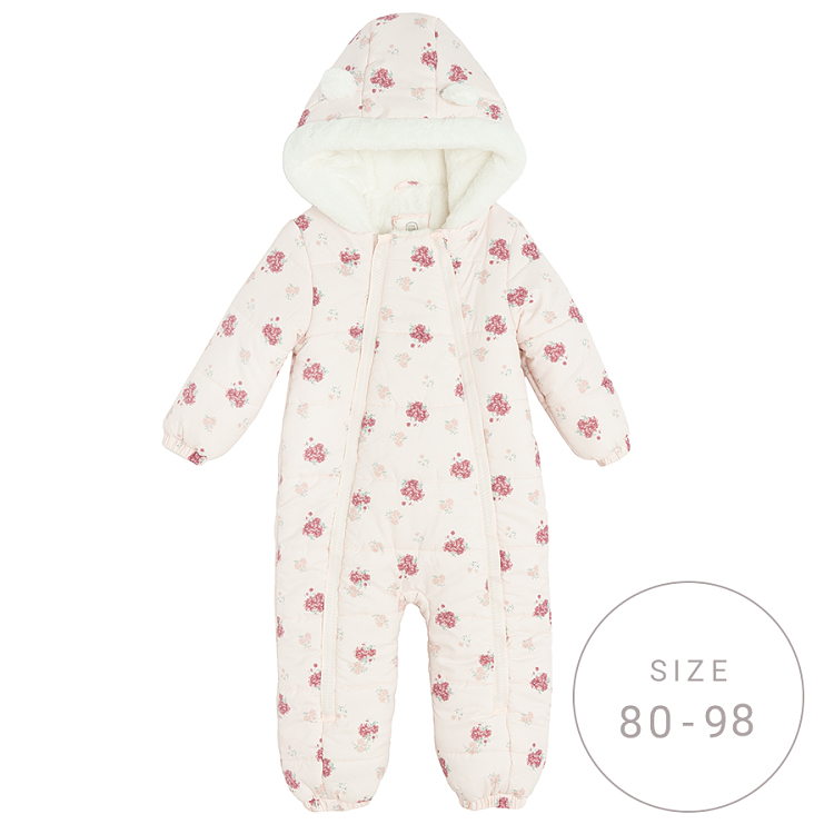 Pink floral hooded snowsuit with 2 side zippers