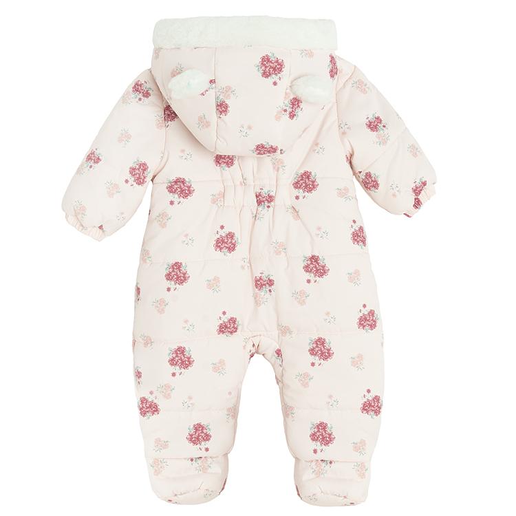 Pink floral hooded snowsuit with 2 side zippers