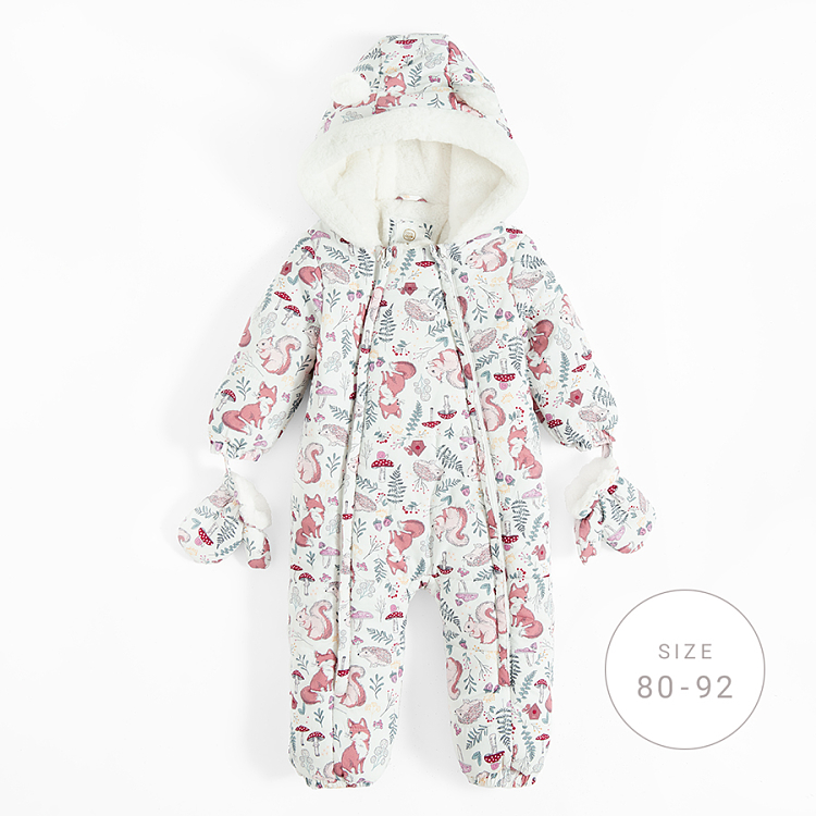 Pink floral hooded footles snowsuit with 2 side zippers