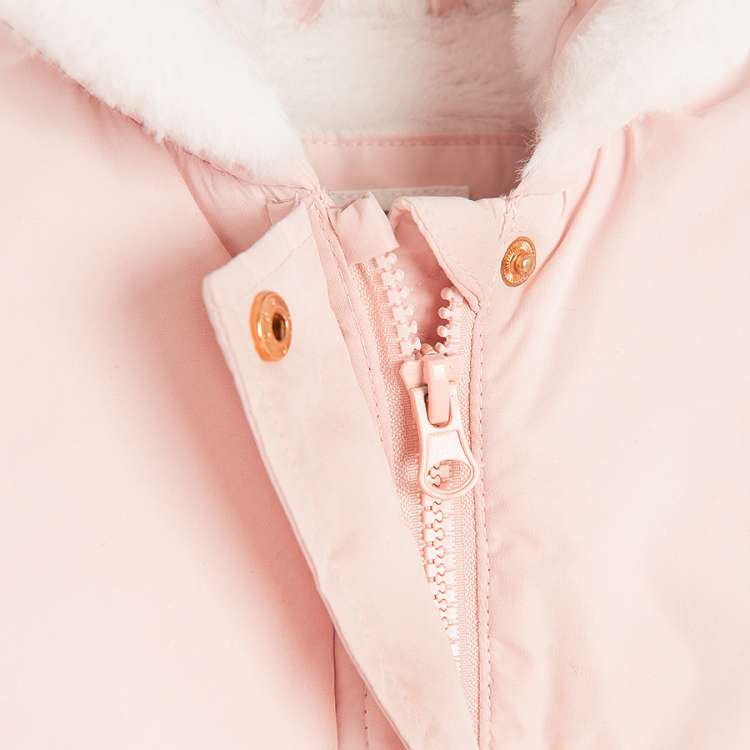 Pink hooded winter jacket with fur on the hood