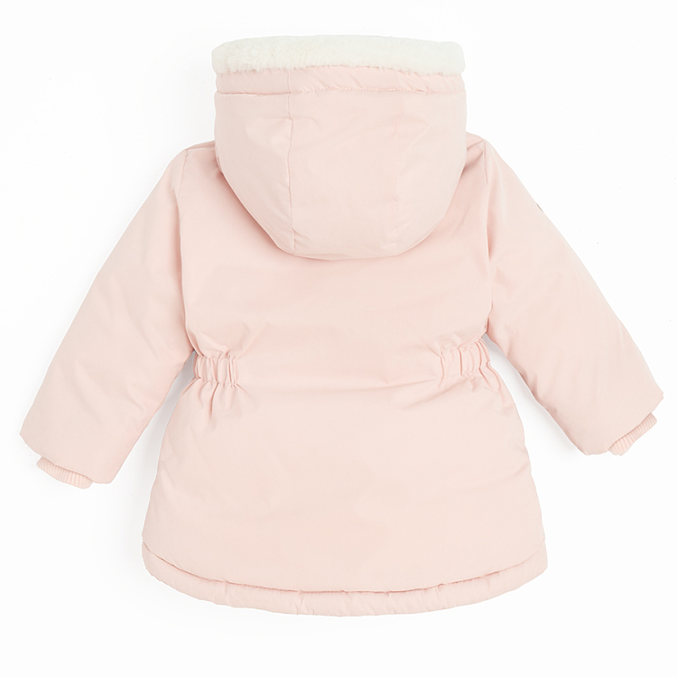 Pink hooded winter jacket with fur on the hood