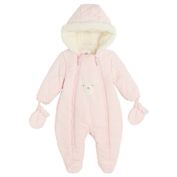 Pink footeless hooded snowsuit, 2 side zippers