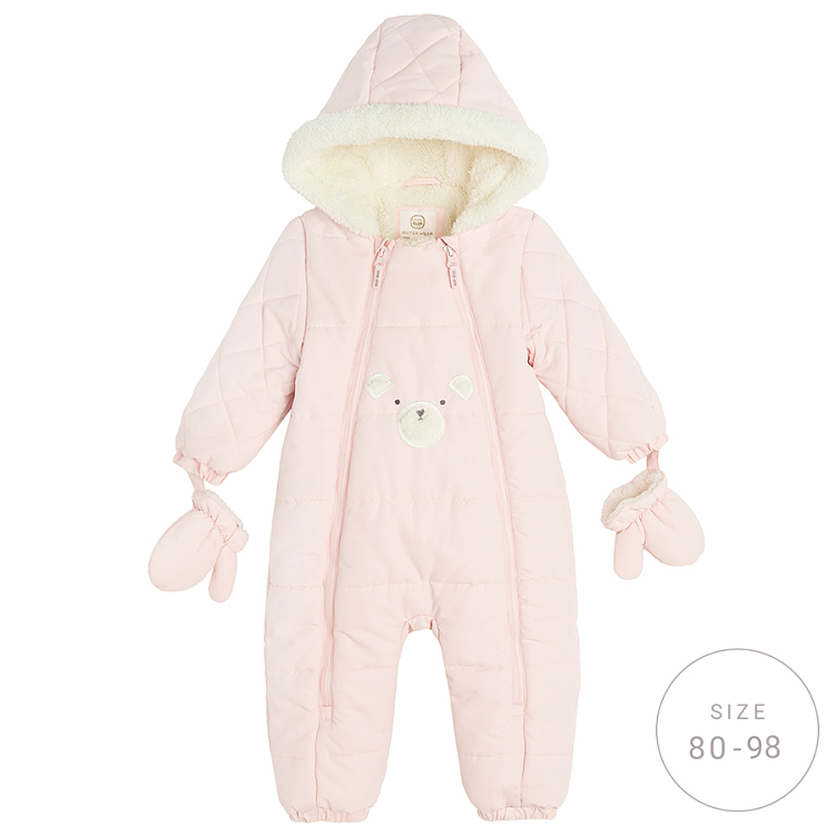 Pink footeless hooded snowsuit, 2 side zippers