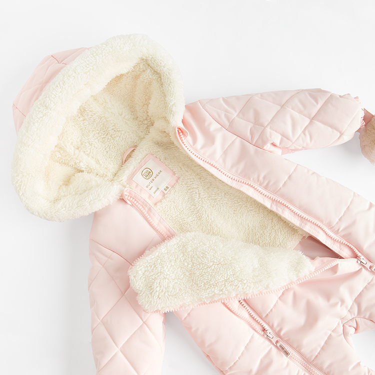 Pink footeless hooded snowsuit, 2 side zippers