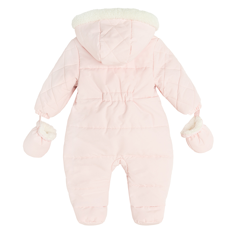 Pink footeless hooded snowsuit, 2 side zippers