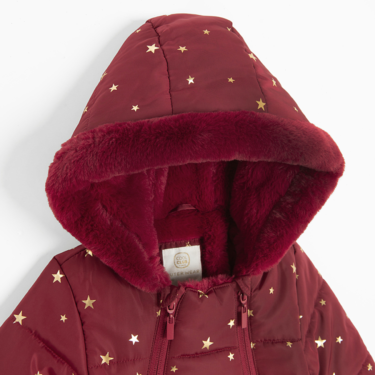 Burgundy footed hooded snowsuit with 2 side zippers