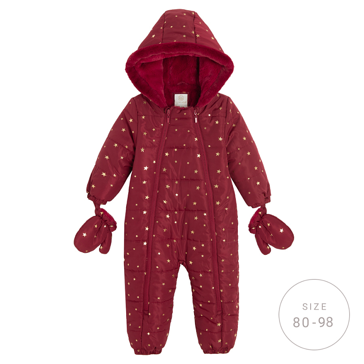 Burgundy footed hooded snowsuit with 2 side zippers