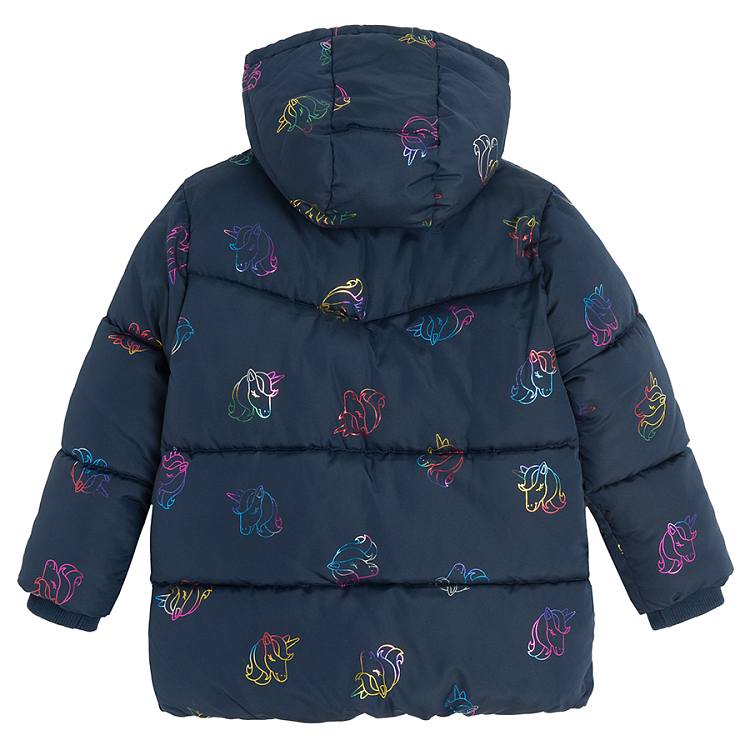 Black zip through hooded winter jacket with sea horse print