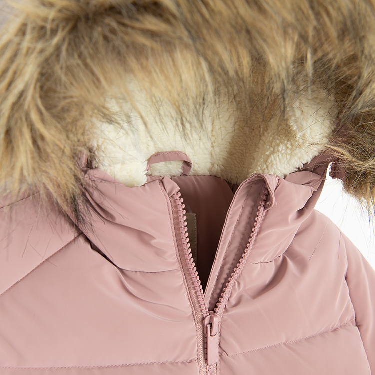 Dusty pink winter jacket with fur on the hood