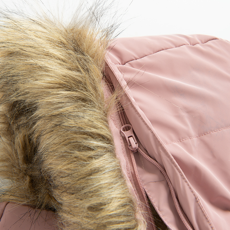 Dusty pink winter jacket with fur on the hood