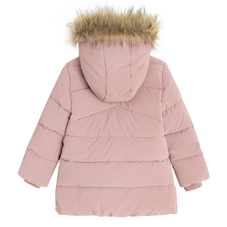 Dusty pink winter jacket with fur on the hood