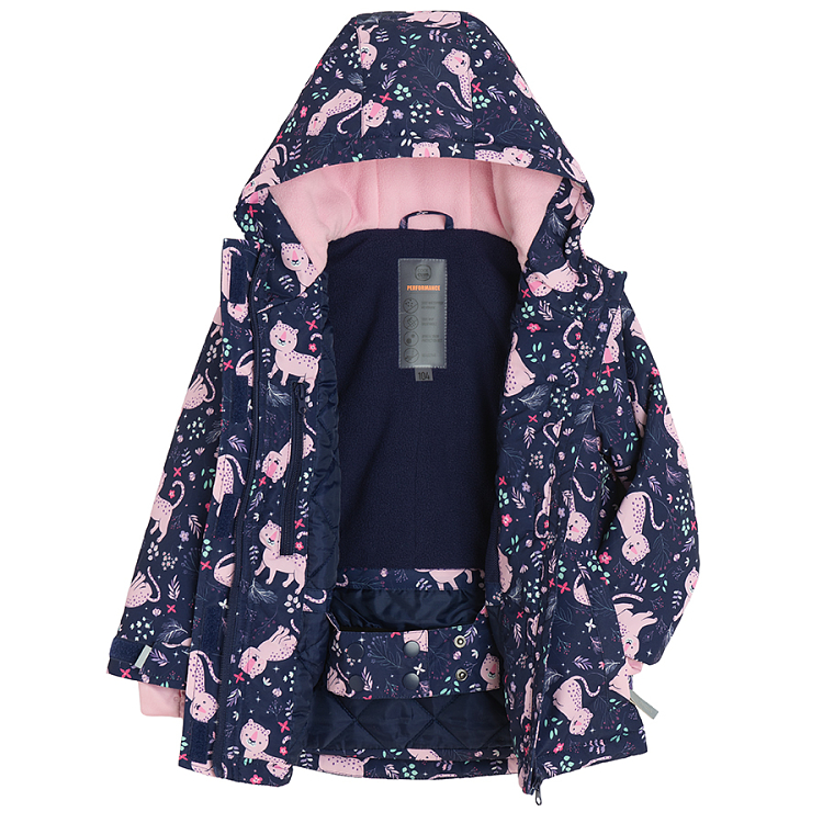 Blue hooded ski jacket with pink cats print