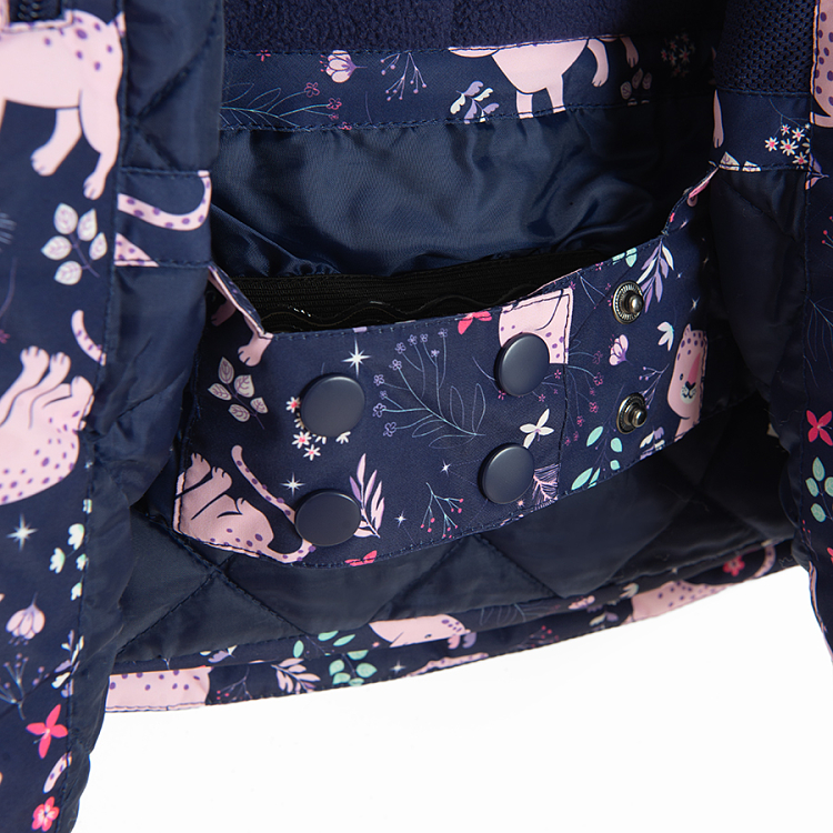 Blue hooded ski jacket with pink cats print