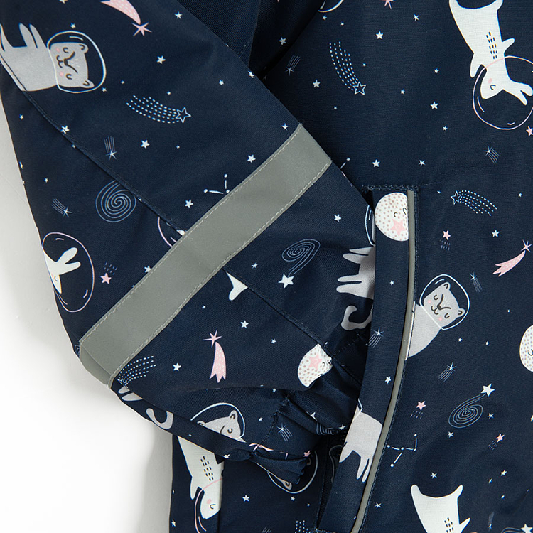 Blue hooded ski snowsuit with animals print