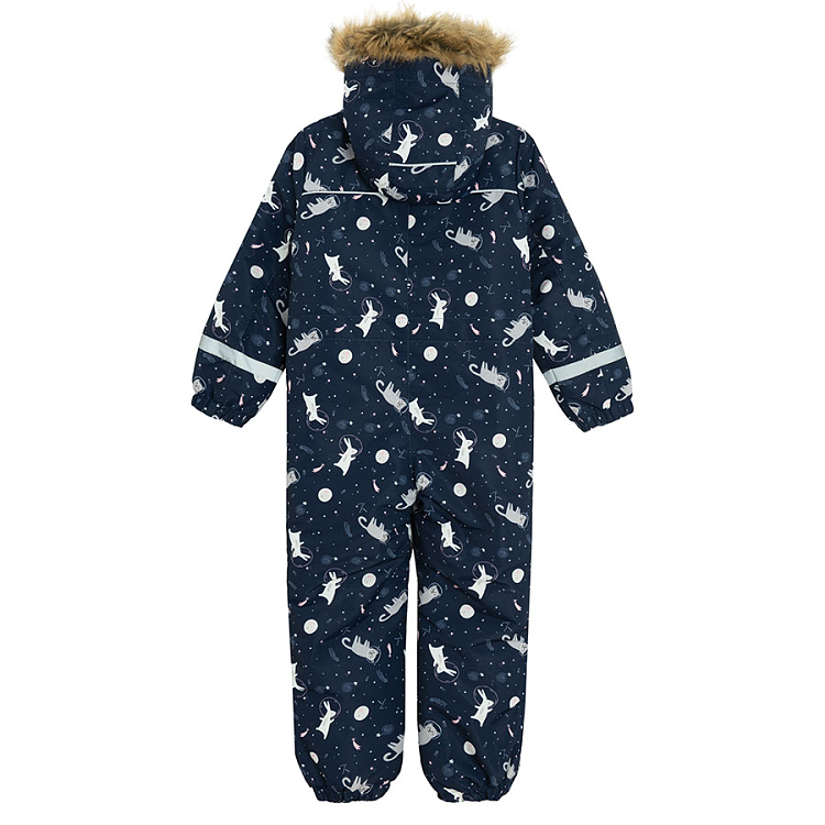 Blue hooded ski snowsuit with animals print