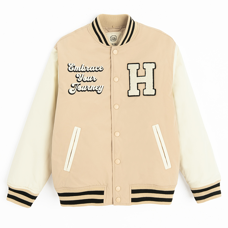 Beige hooded jacket with H print