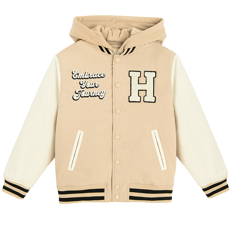 Beige hooded jacket with H print