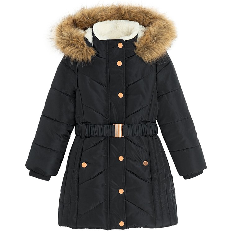 Black winter coat with fur on the hood and belt Coolclub