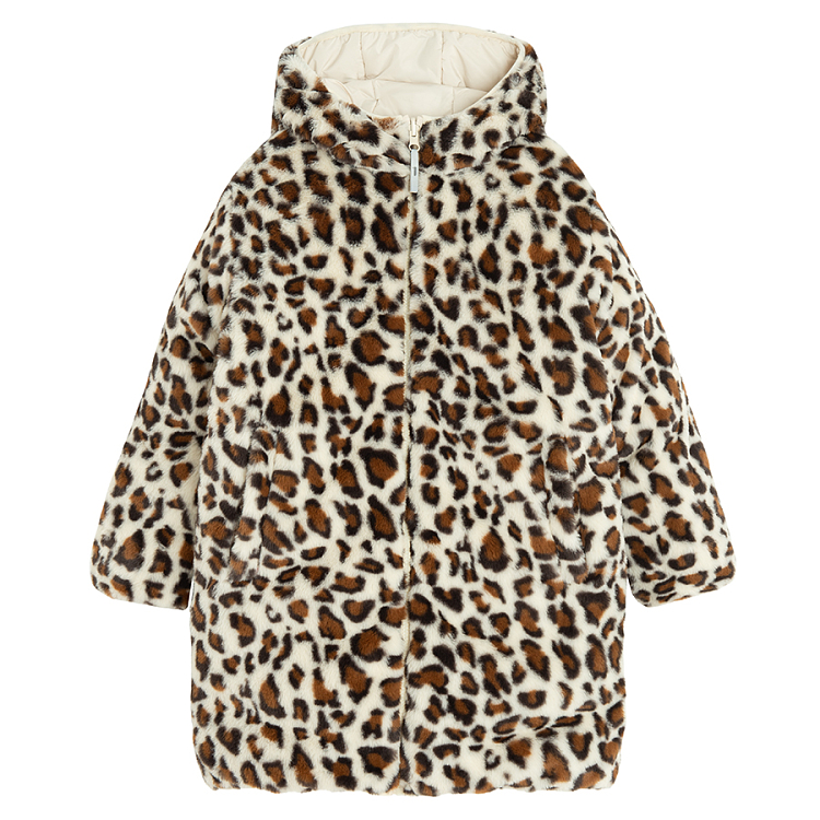 Black winter coat with animal print lining on the hood