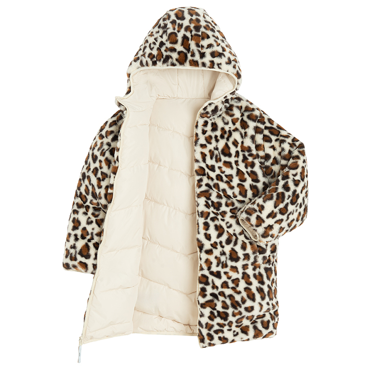 Black winter coat with animal print lining on the hood