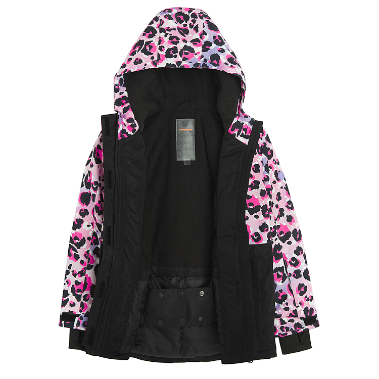 Black and pink animal print hooded ski jacket