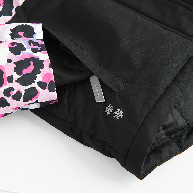 Black and pink animal print hooded ski jacket