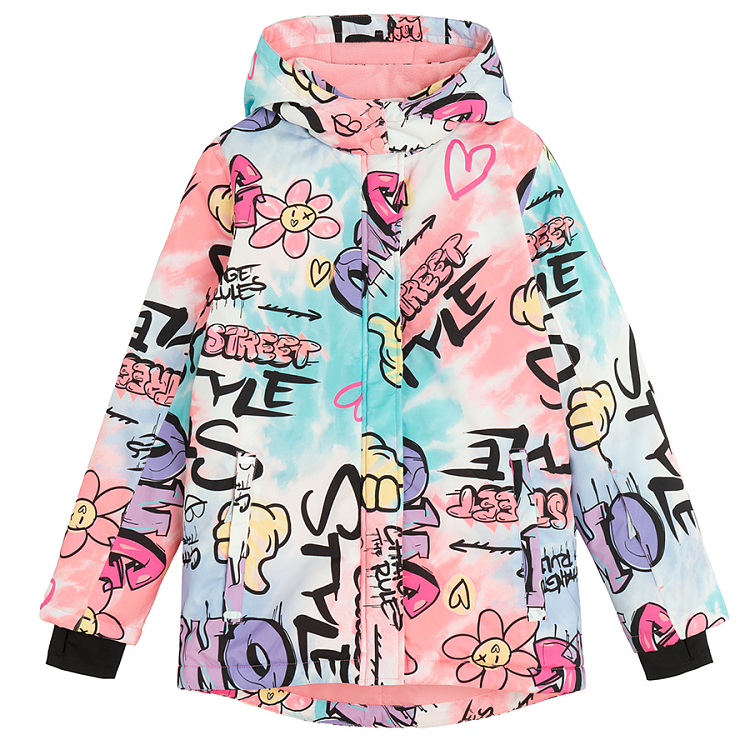 Pink graffiti hooded ski jacket