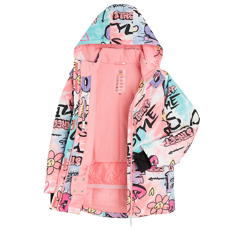 Pink graffiti hooded ski jacket