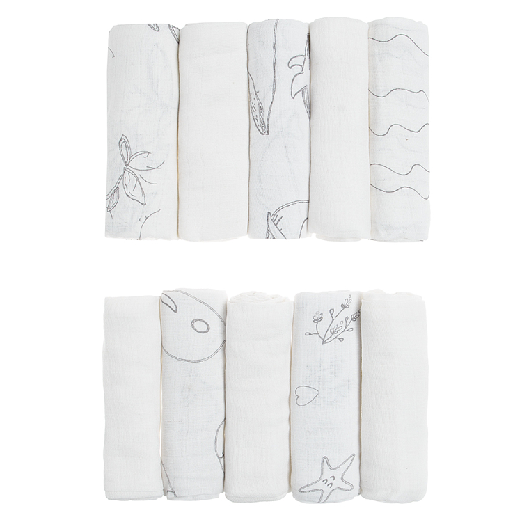 White muslin nappies with discreet print- 10 pack