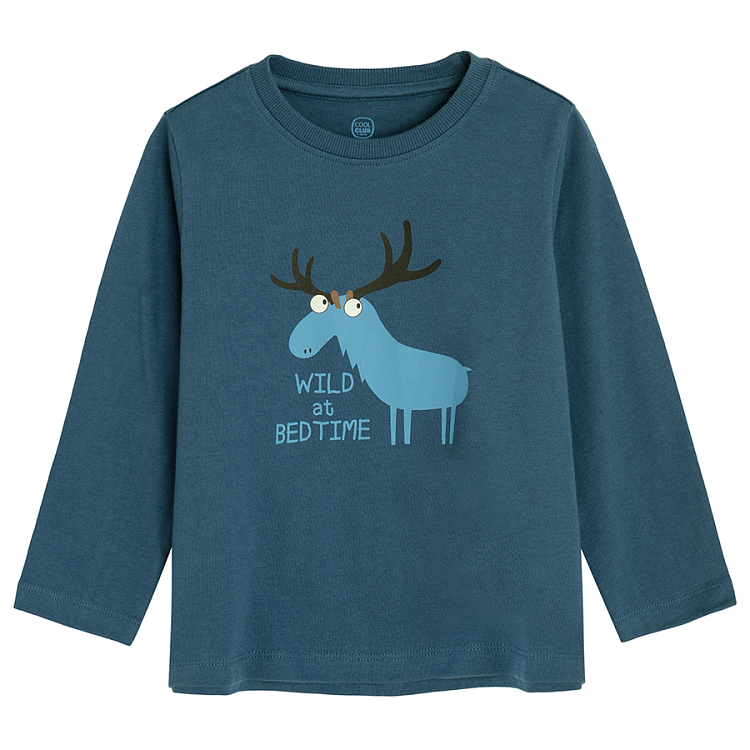 Blue long sleeve blouse and pants pyjamas with raindeer print