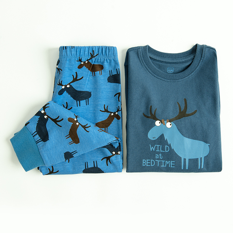 Blue long sleeve blouse and pants pyjamas with raindeer print