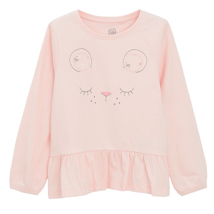 Pink long sleeve pyjamas with kitten print on the blouse and flowers on the pants