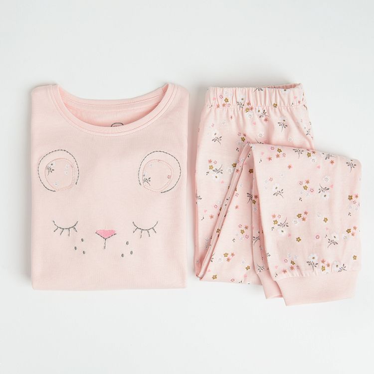 Pink long sleeve pyjamas with kitten print on the blouse and flowers on the pants