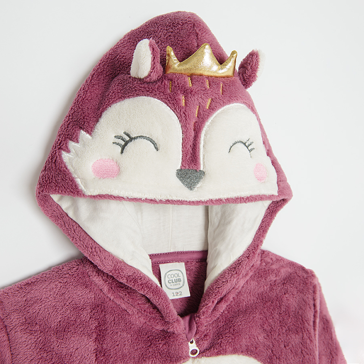 Burgundy footless hooded overall pyjamas with fox print