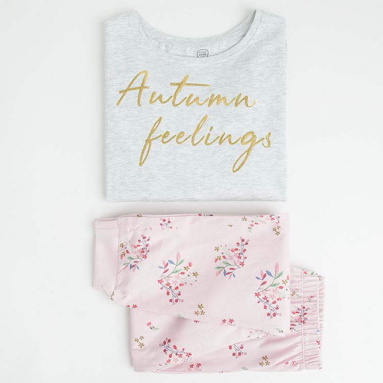 Grey "Autumn feelings' long sleeve pyjamas with pink floral pants