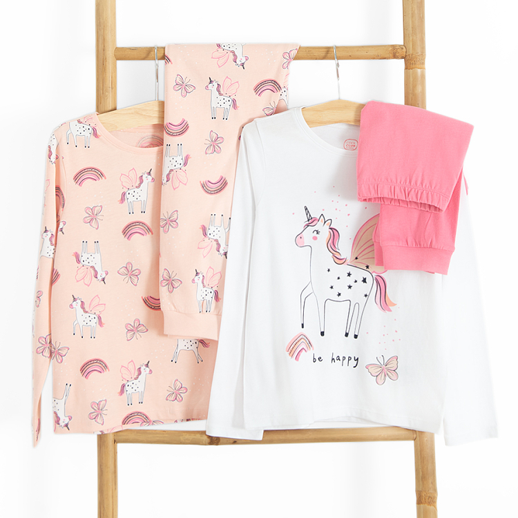 Pink and white long sleeve blouse and pants pyjamas with unicorn print- 2 pack