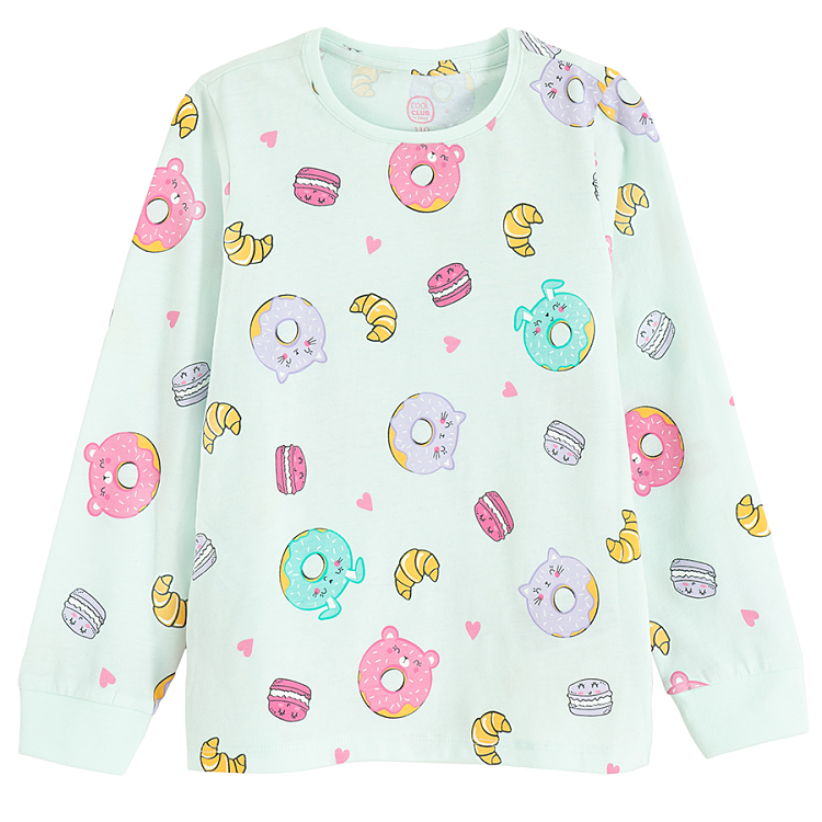 Light blue long sleeve pyjamas with donuts print- 2 pieces