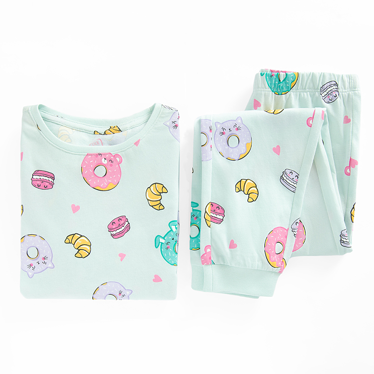 Light blue long sleeve pyjamas with donuts print- 2 pieces