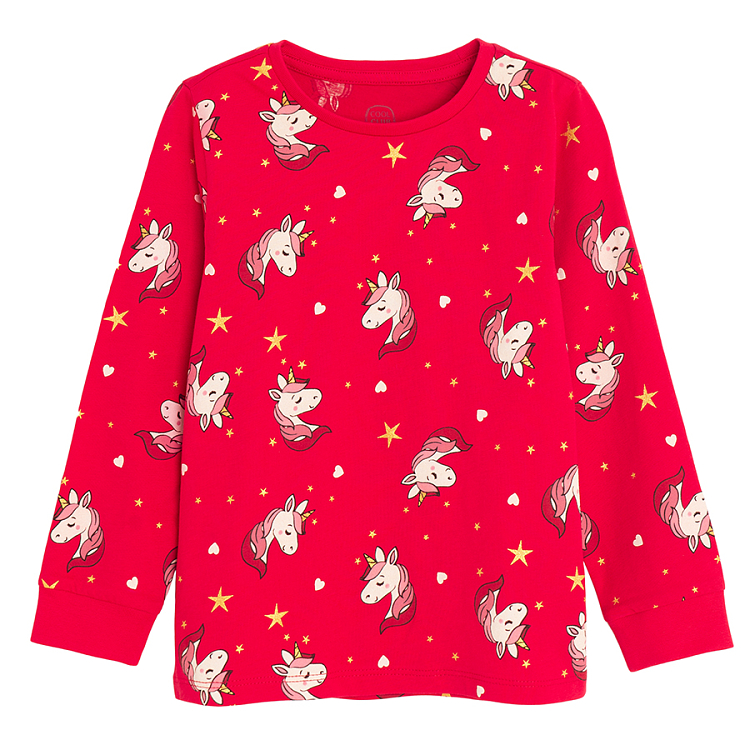 Red long sleeve blouse and pants pyjamas with unicorn print