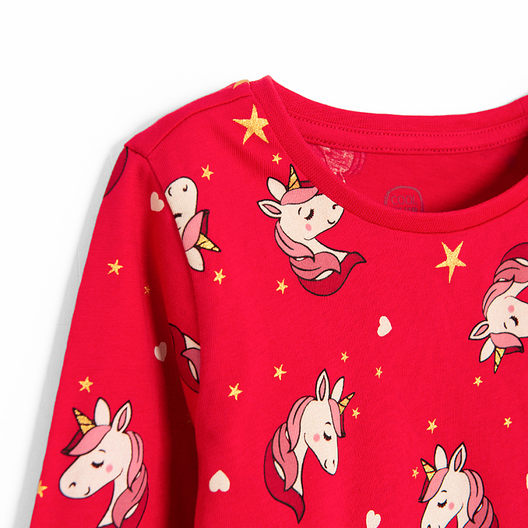 Red long sleeve blouse and pants pyjamas with unicorn print