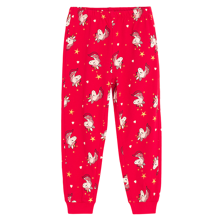 Red long sleeve blouse and pants pyjamas with unicorn print