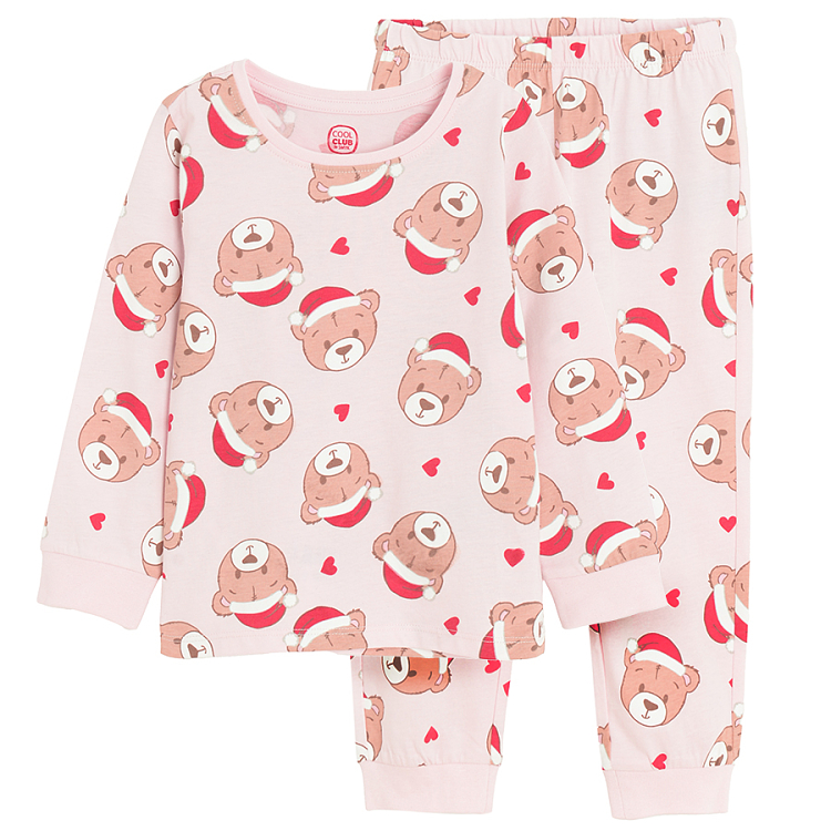 Pink long sleeve blouse and pants pyjamas with bear with Santa's hat