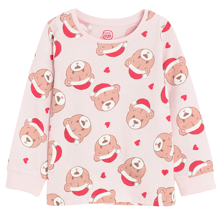 Pink long sleeve blouse and pants pyjamas with bear with Santa's hat