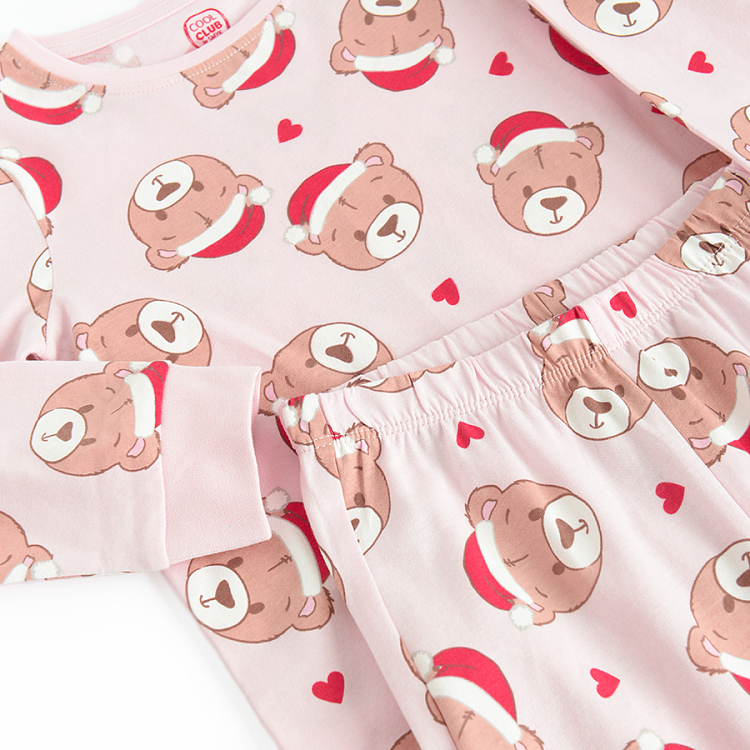 Pink long sleeve blouse and pants pyjamas with bear with Santa's hat