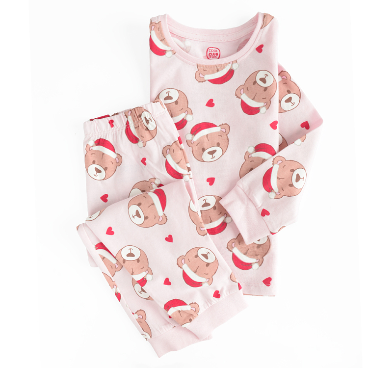 Pink long sleeve blouse and pants pyjamas with bear with Santa's hat