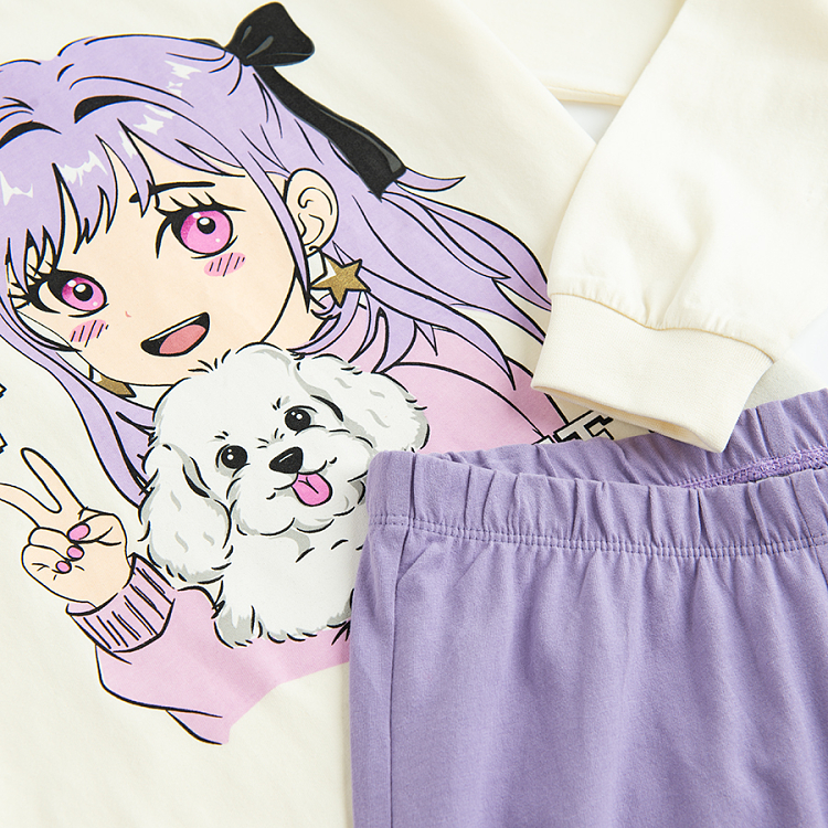 White long sleeve and purple pants pyjamas- 2 pieces