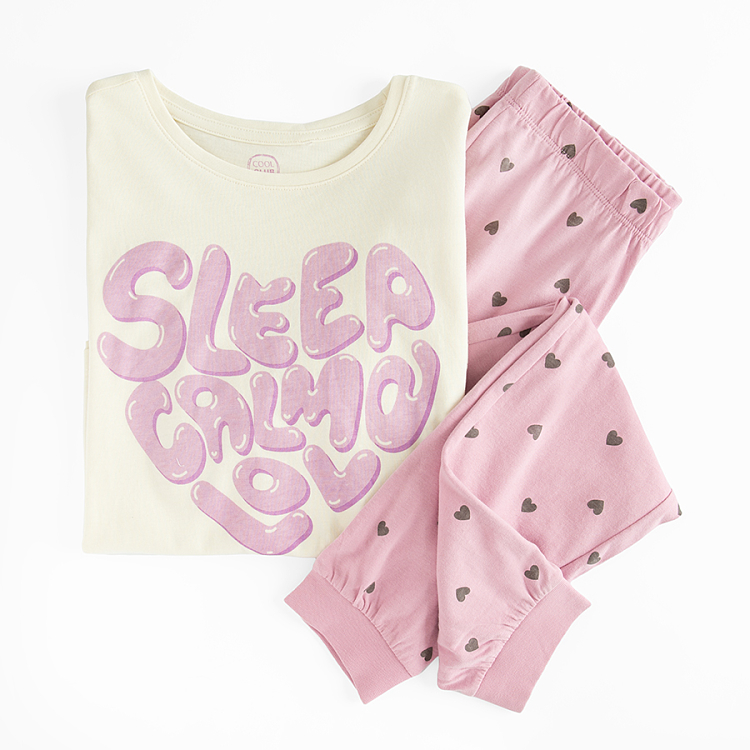 White long sleeve blouse with SLEEP CALM LOVE pring and pink pants with hearts pyjamas