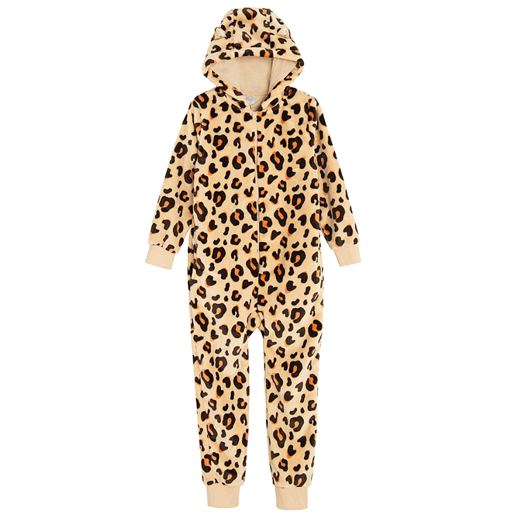 Animal print hooded footles overall