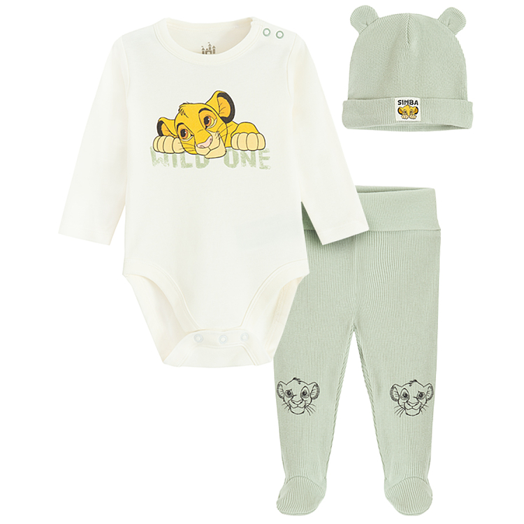 Lion King long sleeve white bodysuit, khaki footed leggings and beanie- 3 pieces