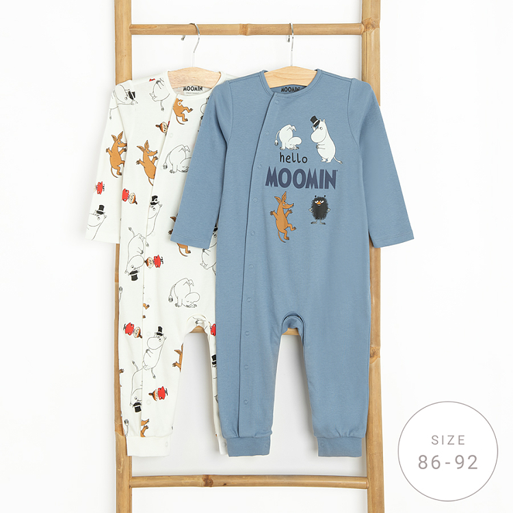 Moomins white and blue footed overalls with side clips- 2 pack